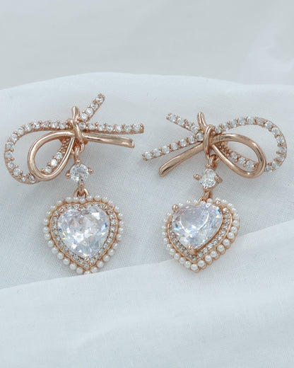 Pearl Diamond Heart Bow earrings