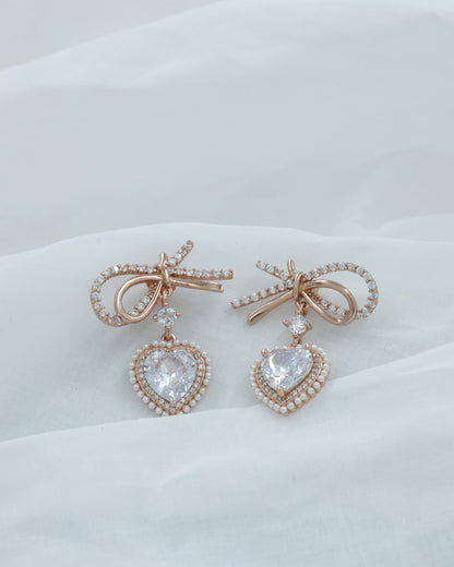 Pearl Diamond Heart Bow earrings