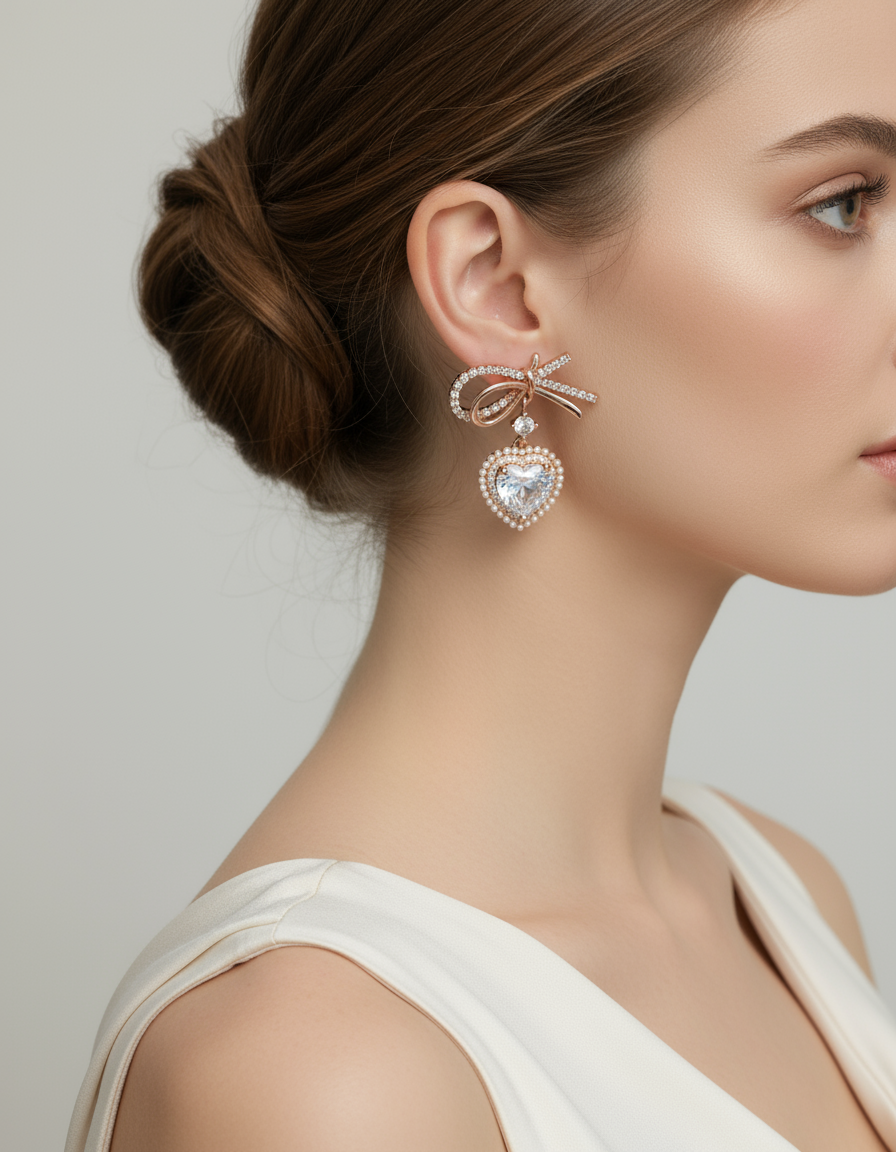 Pearl Diamond Heart Bow earrings