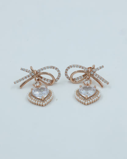 Pearl Diamond Heart Bow earrings