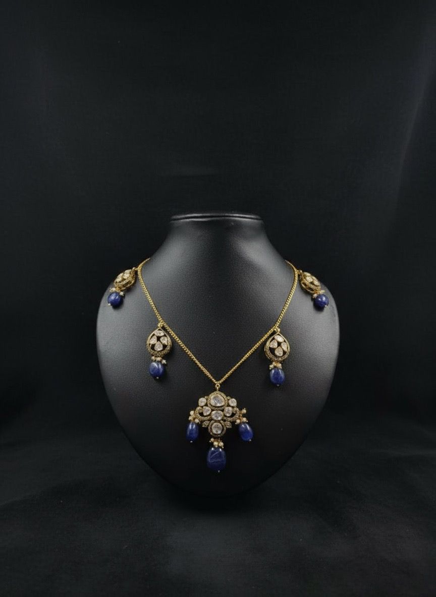 Hasli necklace with polki work and blue gemstone